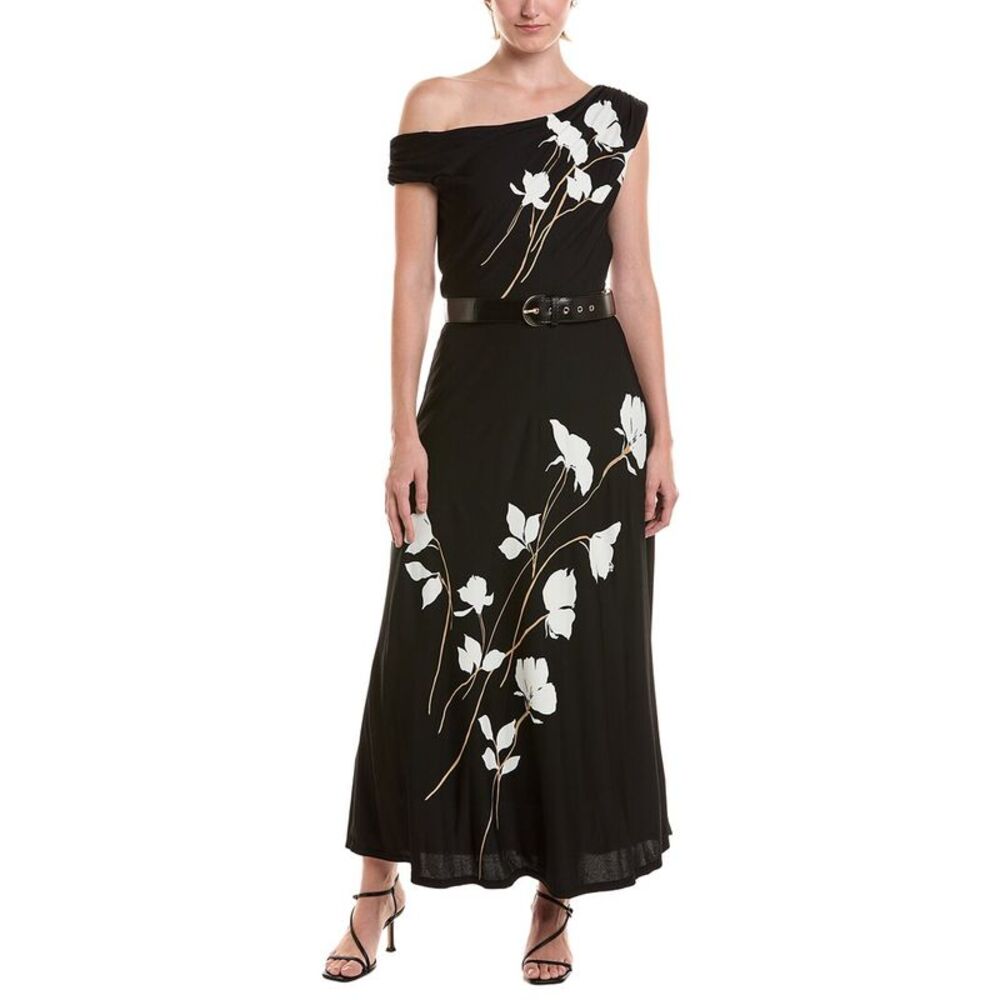 Taylor Womens One Shoulder Printed Midi Dress, Black